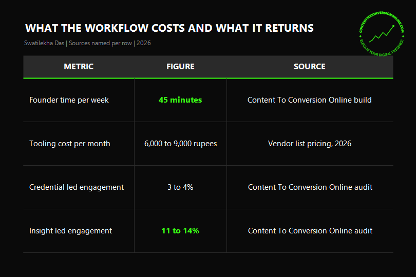 Founder time and tooling cost data for an AI-assisted content workflow