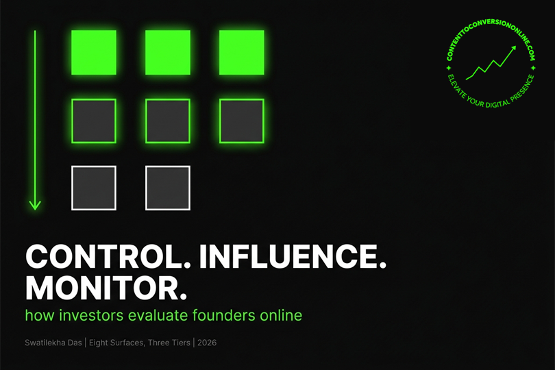Eight online surfaces sorted into control, influence and monitor tiers for founders