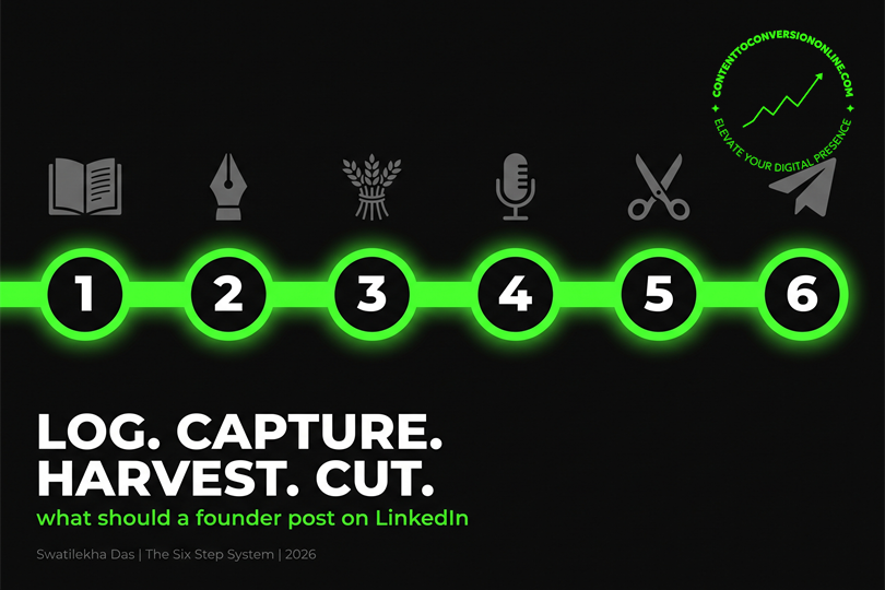 Six step system for what should a founder post on LinkedIn, log to publish